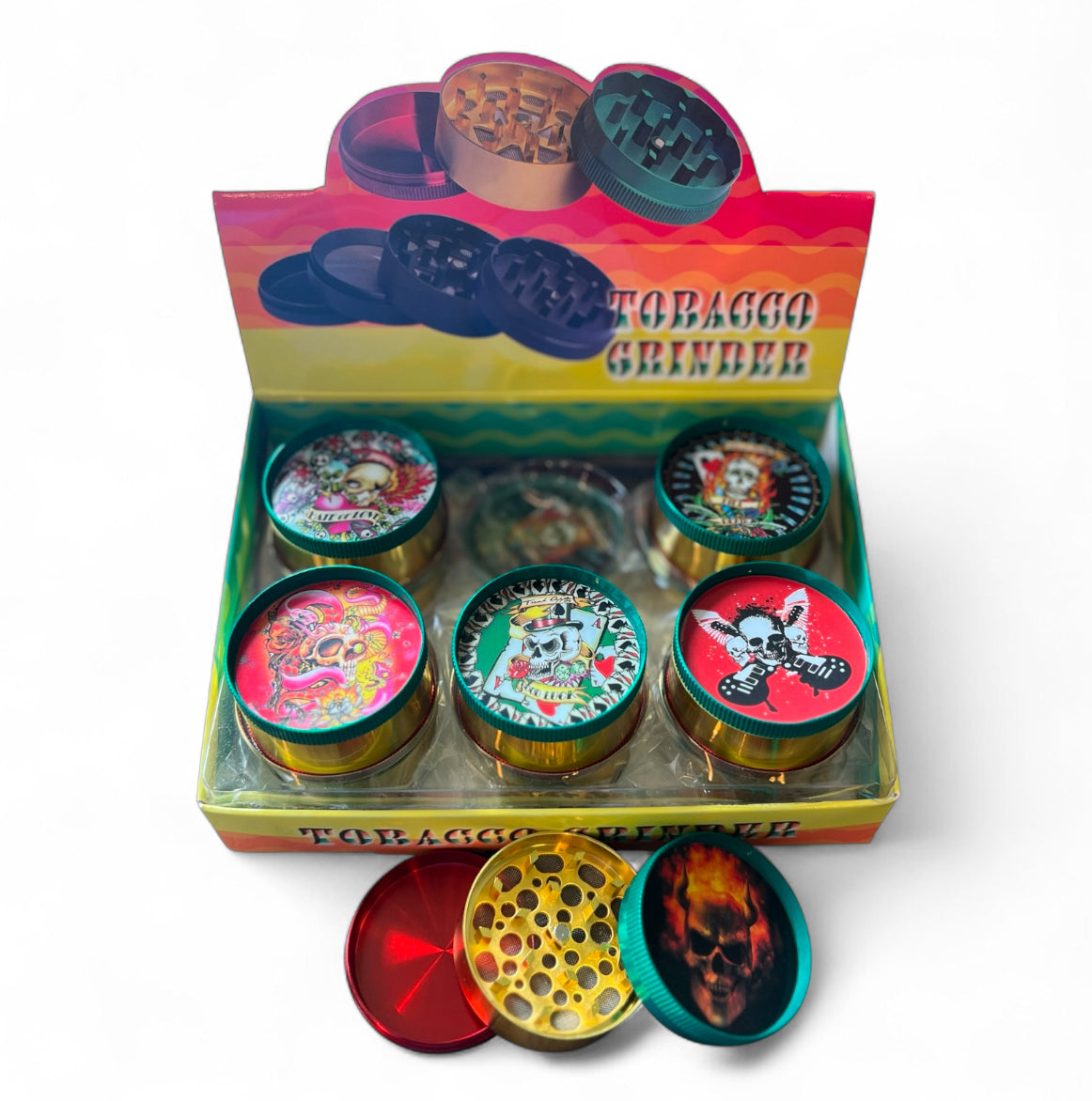 SKULL DESIGN 3 PART METAL TOBACCO GRINDER 50MM 12CT BOX