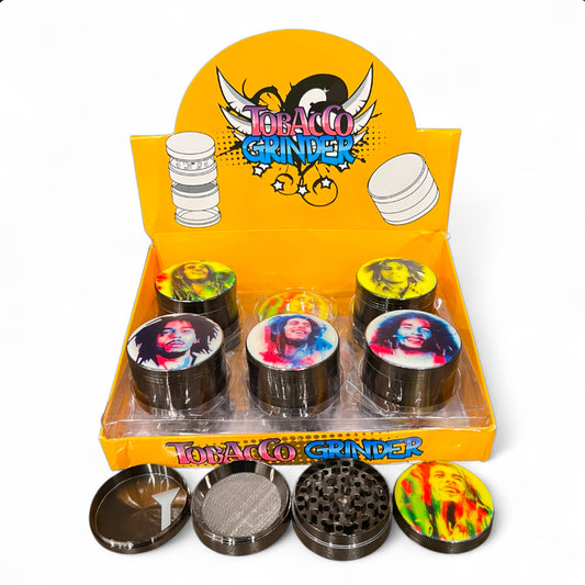 BOB MARLEY DESIGN TOP 4 PART METAL TOBACCO GRINDER 55MM 12CT BOX