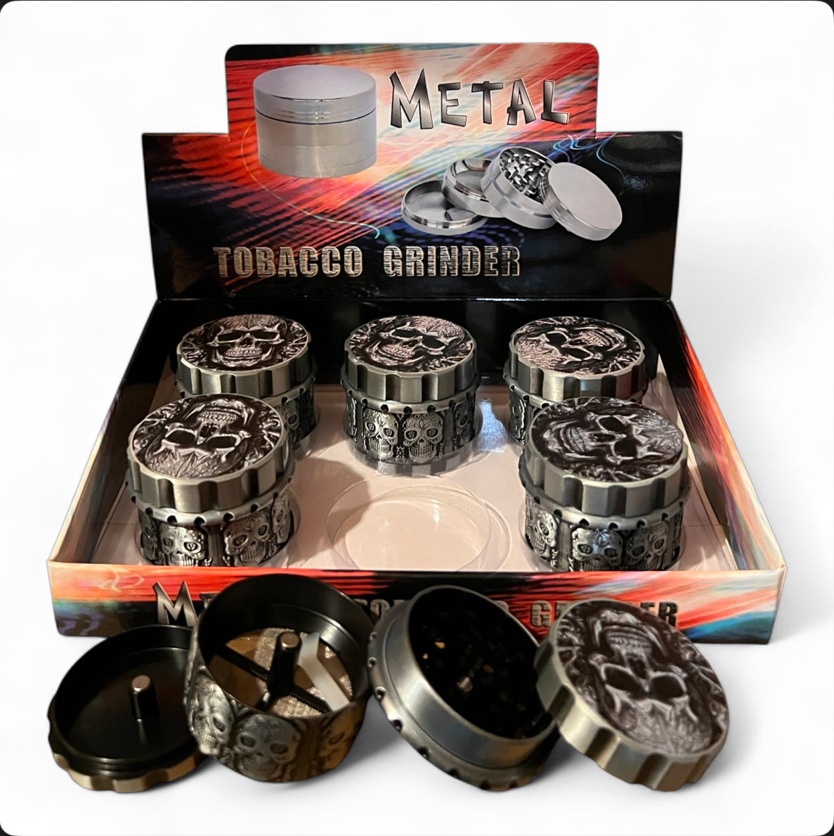SKULL DESIGN METAL TOBACCO GRINDER 55MM 6CT BOX