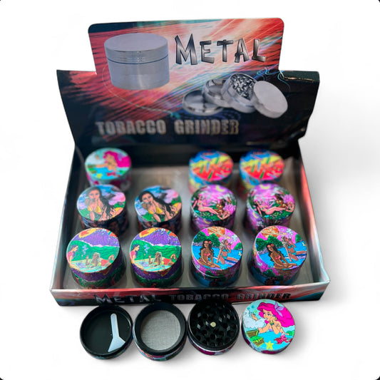 BEACH PRINT 4 PART METAL TOBACCO GRINDER 40MM 12CT BOX