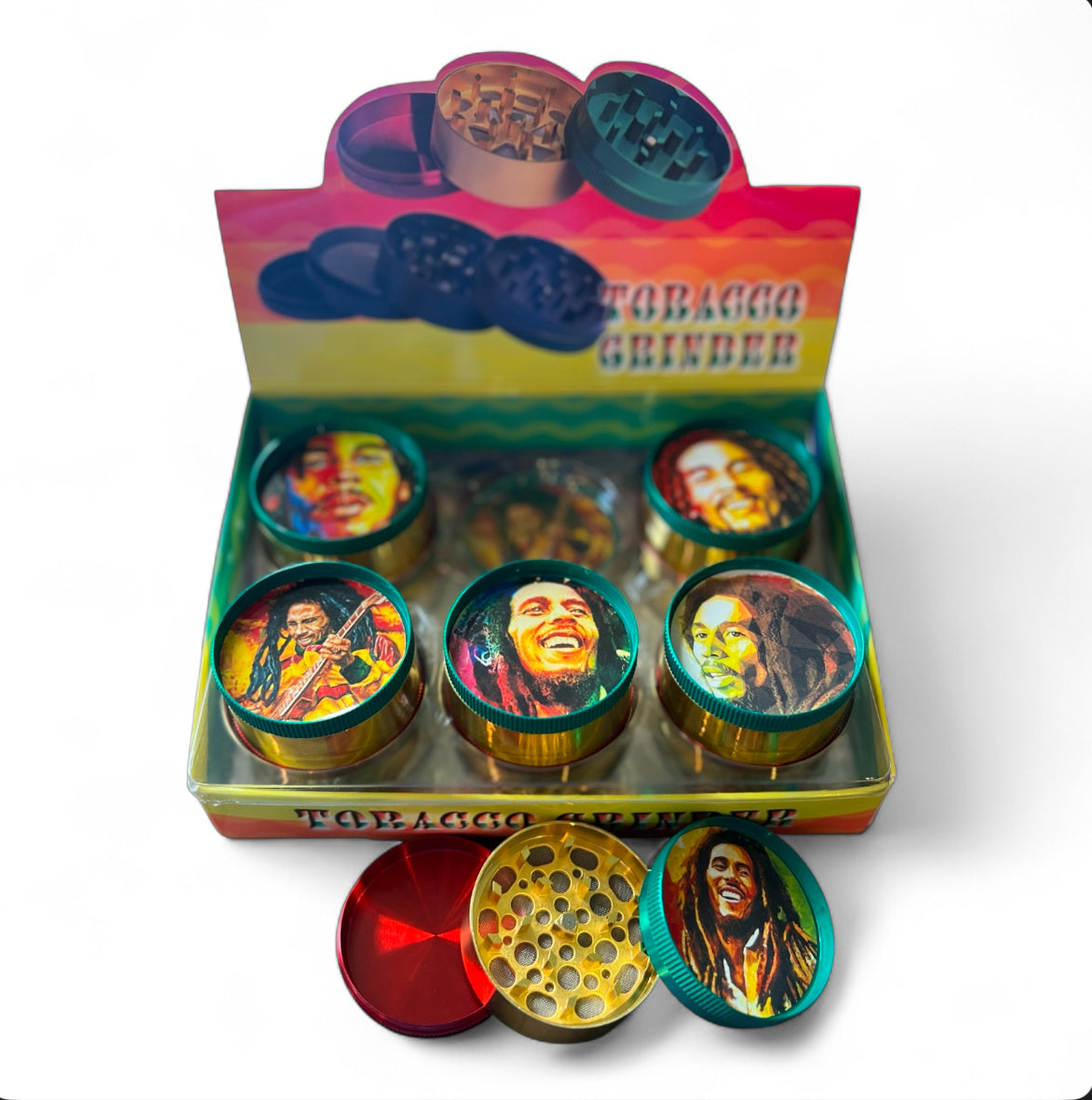 BOB MARLEY 3 PART METAL TOBACCO GRINDER 50MM 12CT BOX