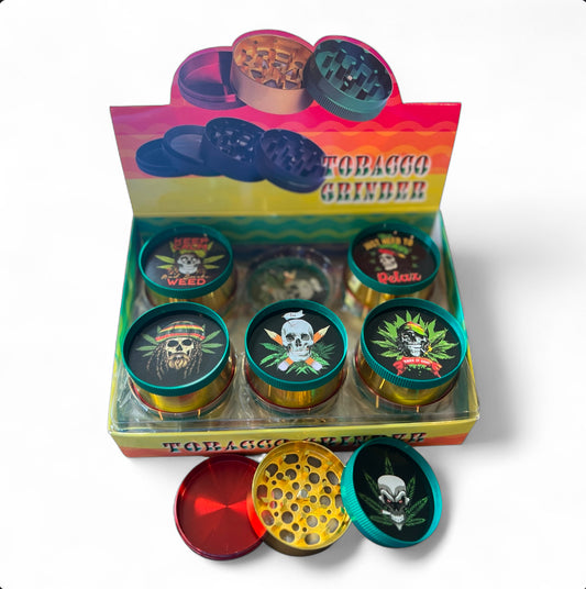SKULL RASTA 3 PART METAL TOBACCO GRINDER 50MM 12CT BOX