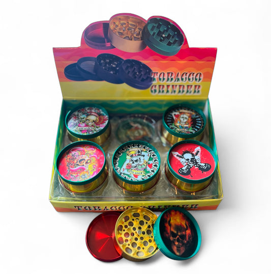 SKULL DESIGN 3 PART METAL TOBACCO GRINDER 50MM 12CT BOX