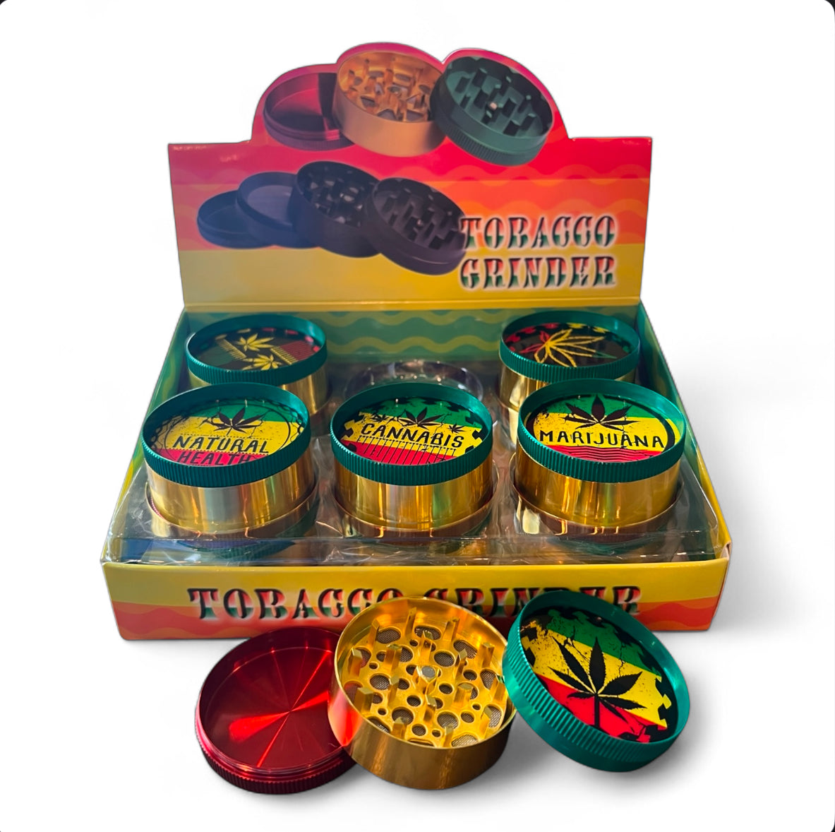 RASTA LEAF 3 PART METAL TOBACCO GRINDER 50MM 12CT BOX