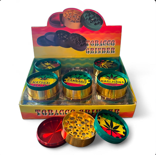 RASTA LEAF 3 PART METAL TOBACCO GRINDER 50MM 12CT BOX