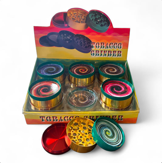 SPIRAL DEISGN 3 PART METAL TOBACCO GRINDER 50MM 12CT BOX